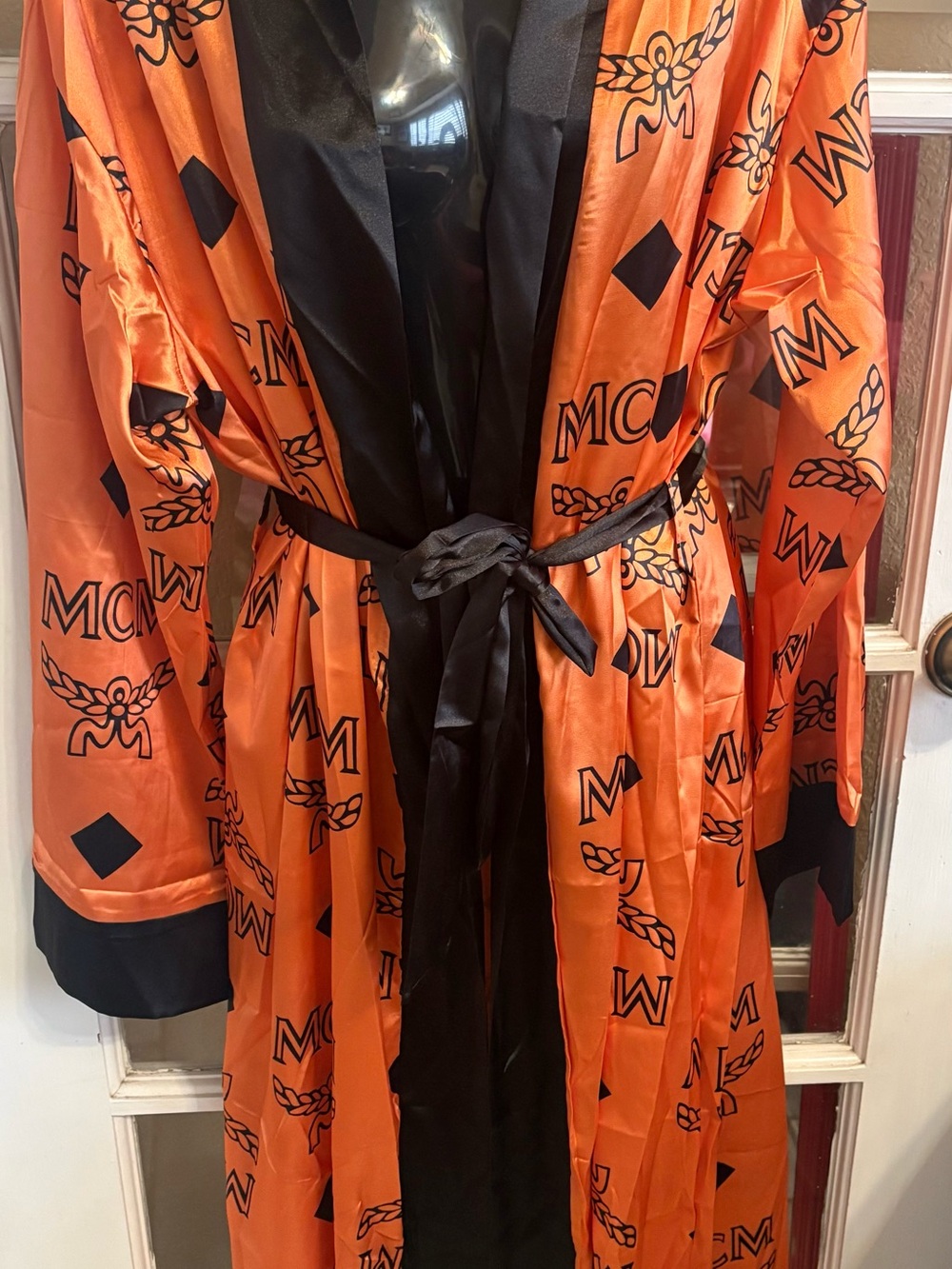 Peach Satin Robe with Black Trim and Tie Belt - Picture 3 of 8